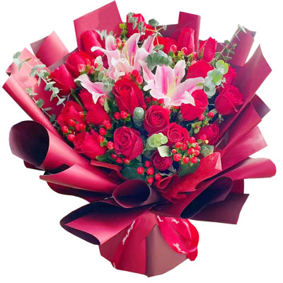 泰州22朵红玫瑰百合，爱的火焰